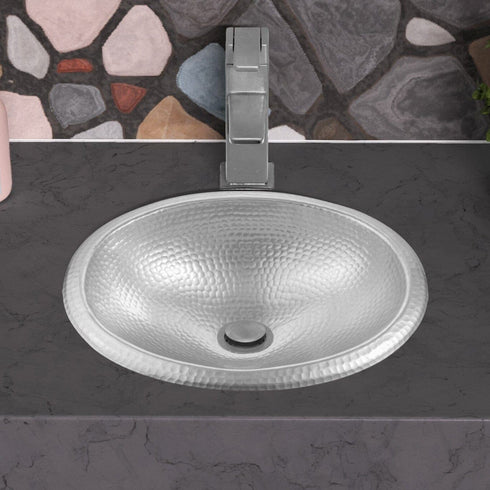 Hand Hammered Aluminum 17 inch Oval Drop In Bathroom Sink - Nickel